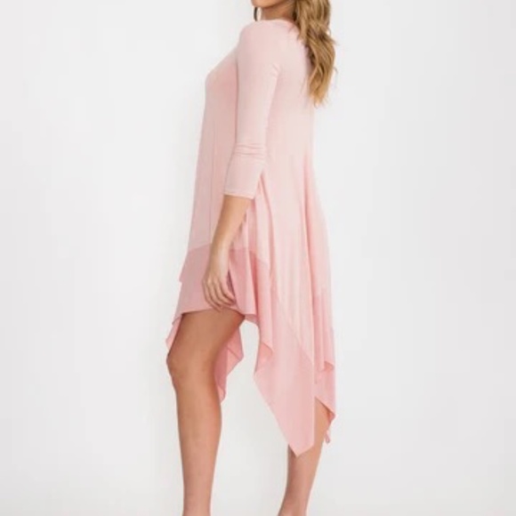 Long Sleeve V Neck Tunic Shark Bite Edging Midi Dress Pink - Picture 3 of 4